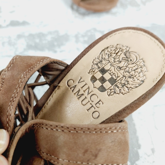 Vince Camuto Evel Brown Leather Ankle Strap Buckle Caged Heeled Sandals F204 - Picture 6 of 8